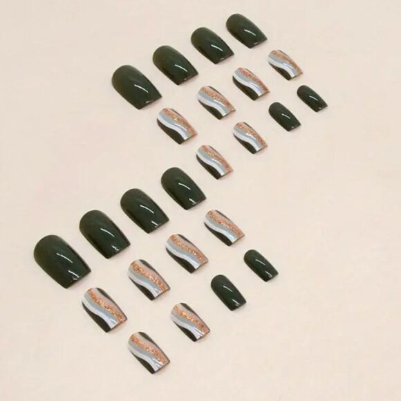 Green and Gold Wavy Gel Press On Nails Medium Square 24 pc - Picture 3 of 8